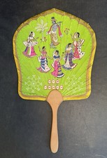 Vintage Paper  Wood Fan From India Approximately 9  X 15  