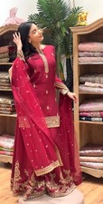 Chinon Silk Stylish Red Top Palazzo With Dupatta For Indian Reception Wear