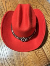Red Women's Cowboy Hat Felt Wide Brim Embroidered Buckle Accent 100% Polyester