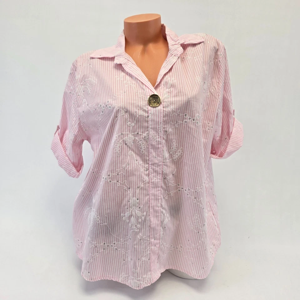 Damen Hemdbluse Gestreift Italy Baumwolle Turn-Up Tunika Größe 38 40 42 Rosa - Bild 4 von 4