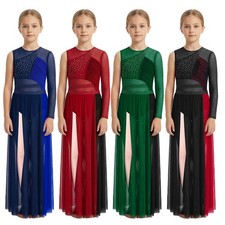 Girls Lyrical Dance Flowy Contemporary Formal Dress Asymmetrical Sleeve Kids