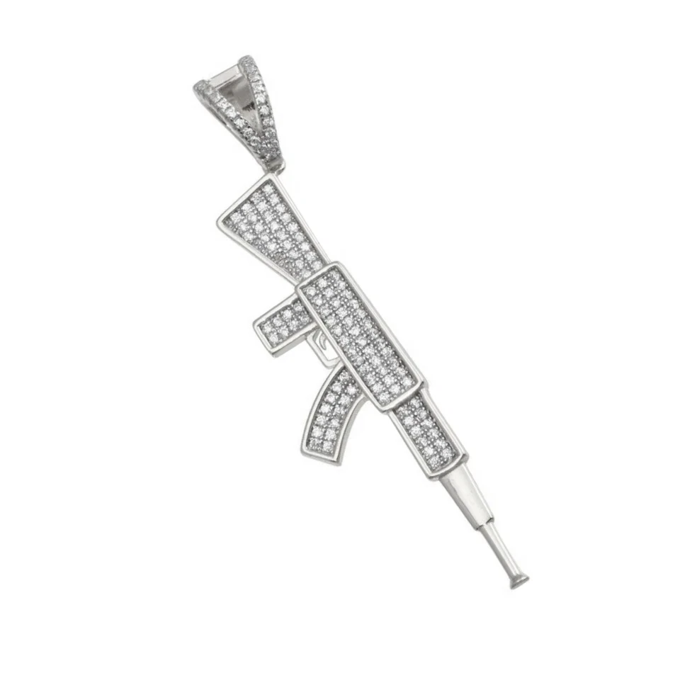 Pingente masculino de prata 925 com gelo CZ AK47 folheado a ródio joias hip hop - Imagem 2 de 2