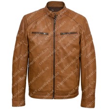 Men's Tan Leather Jacket – Cafe Racer Biker Style Zip-Up Slim Fit Outerwear