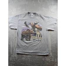 Vintage Alaska Graphic T Shirt Mens L Grey Nature Bear Wolf Eagle USA Knit *Read