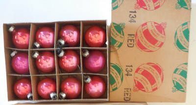 George Franke Sons Co Glass RED Christmas Tree Ornaments 12 with box USA 1950s