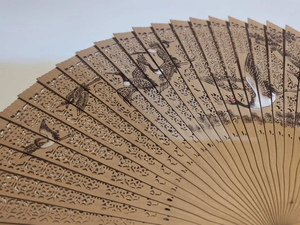 Ventilador Sensu plegable vintage escena grúa china - pintado en ambos lados Foto 3 de 4