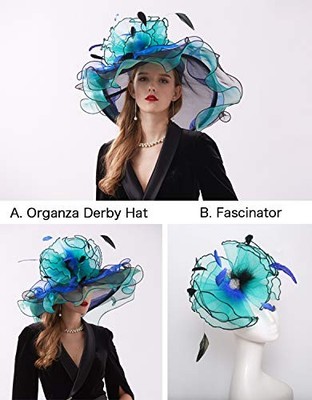 Derby Hats for Women, Classy Organza Sun Hat, Black Green F FADVES Fascinator Women Organza Church Derby Hat Wide Brim  main image 4