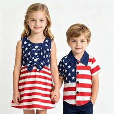 Red White Blue Stars Stripes USA July 4th Sibling Dress and Shirt Top