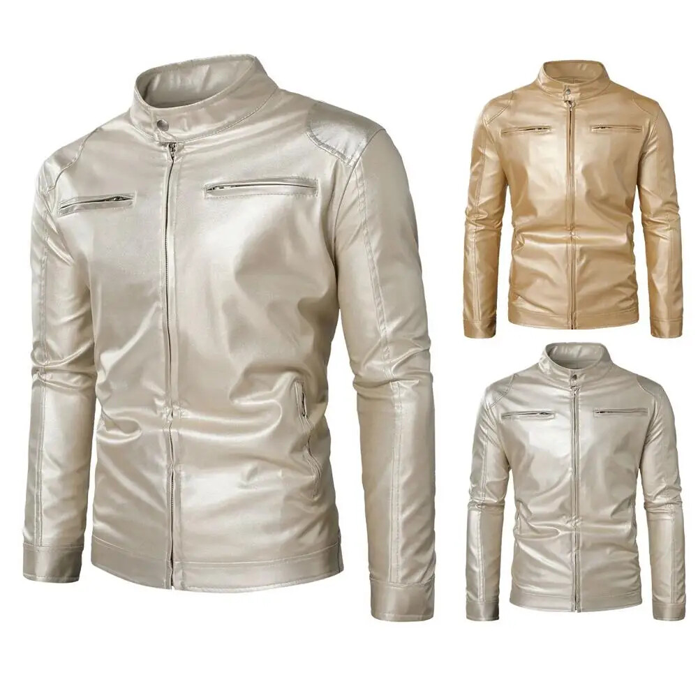 Steampunk Gold Leather Jacket for Men with Metallic Zipper Nightclub Streetwear