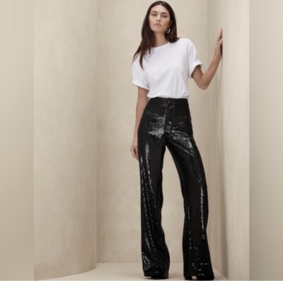 Banana Republic black DITA sparkle SEQUIN WIDE-LEG PANTS 16 NWT