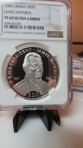 NGC PF69 Ultra Cameo-Liberia 2000 James Monroe Silver $20 Almost Perfect Proof