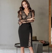 Women's Fashion V Neck Lace Stitching Long Sleeve Hip Package Pencil Dress 9168 
