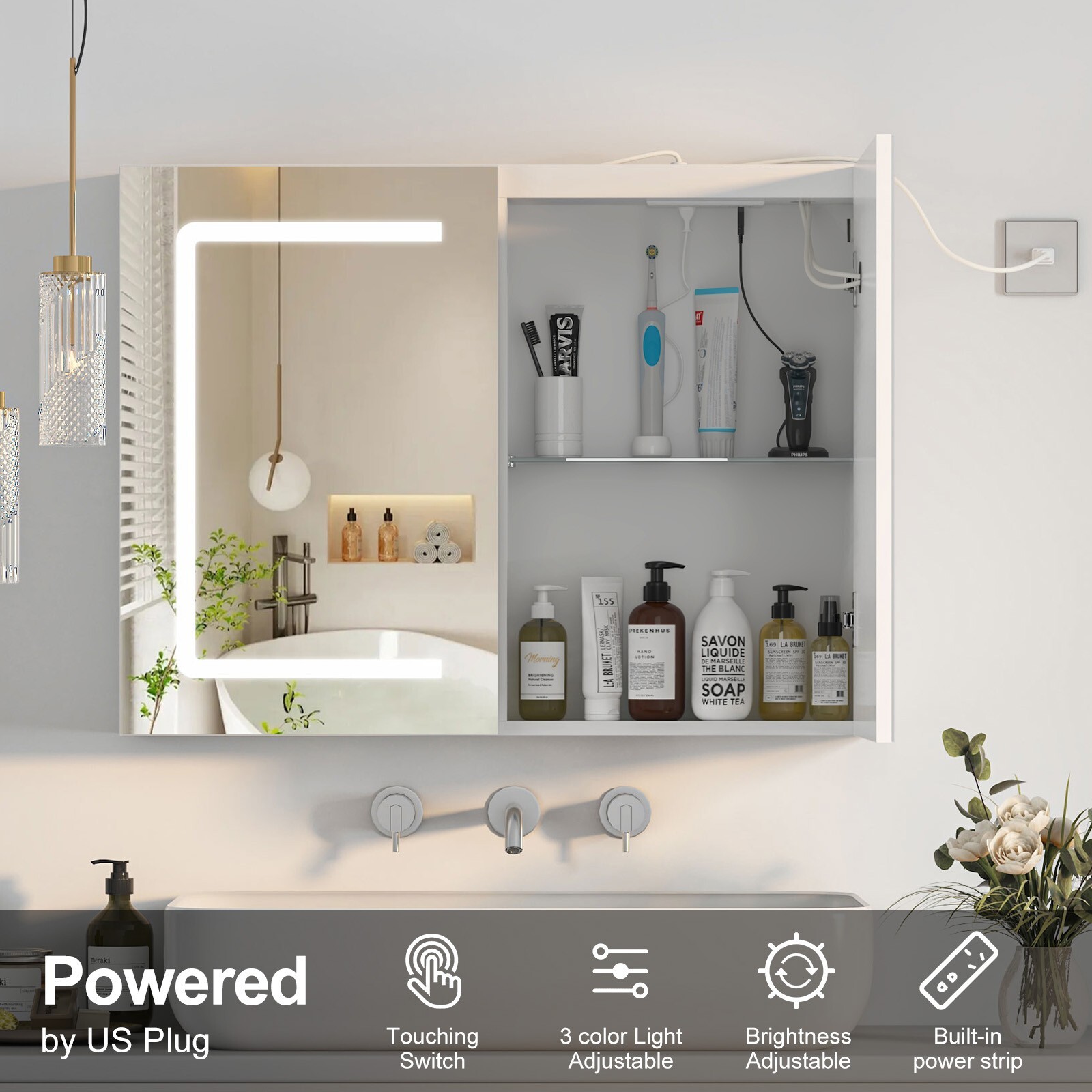 24" x 32" LED Bathroom Medicine Cabinet Lighted Large Mirror Cabinet with Socket