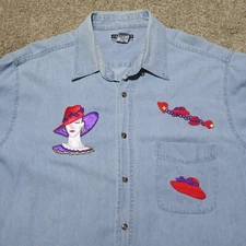 Red Hat Society Denim Shirt Blue Short Sleeve Button Down Adult Women's Size XL