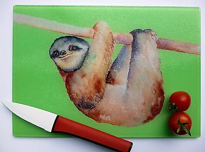 Unique Green Glass Chopping Board with a SLOTH design by artist Maria Moss