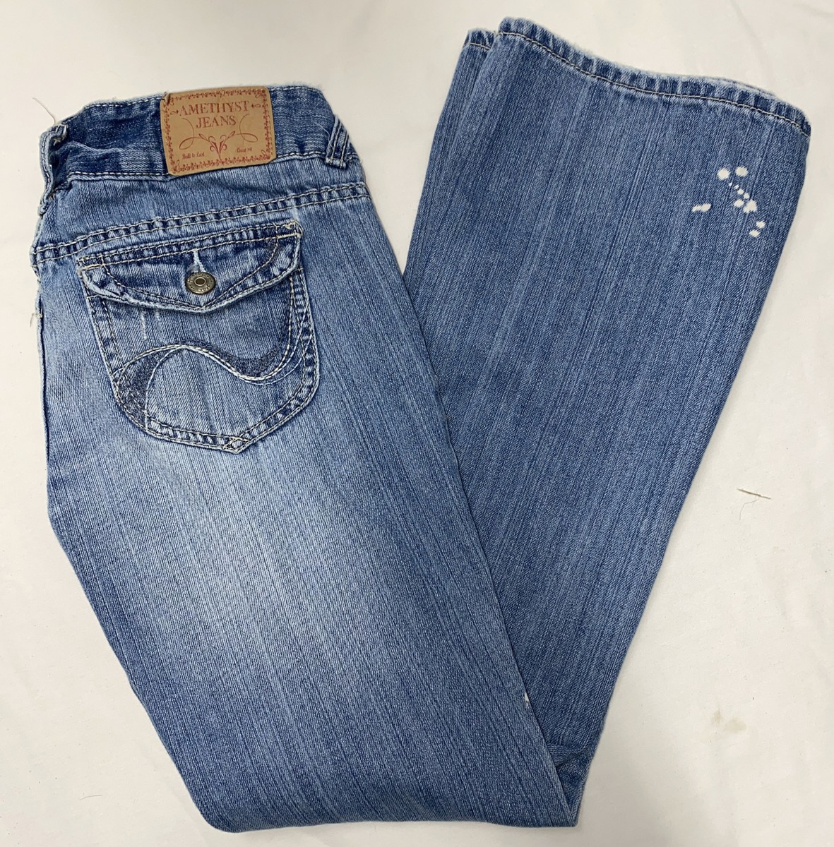 Amethyst Jeans Bootcut Flare Distressed Button Flap Pocket Women's