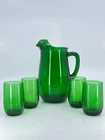 5pc Vintage Anchor Hocking Forest Green Glass Ware pitcher w 4 roly poly glasses