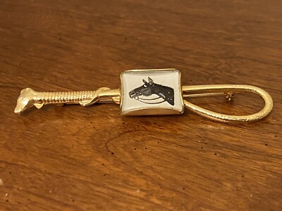 Horse Head & Whip Crop Pin Brooch- Gold Tone with Reverse Painted Glass Horse