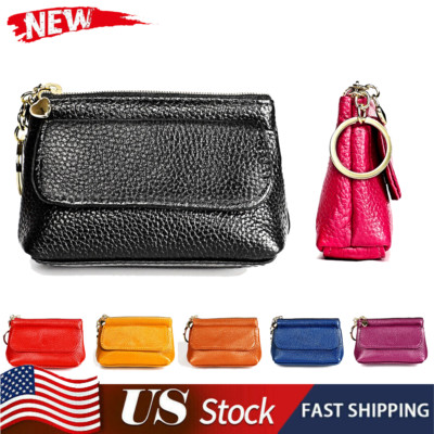 Womens Genuine Leather Small Coin Holder Change Purse Zipper Key Card Wallet