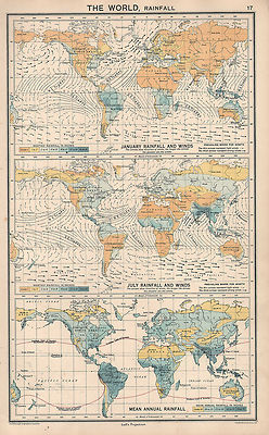 1931 Landkarte ~ der Welt Rainfall ~ Januar & Juli Mean Annual Wind Richtung