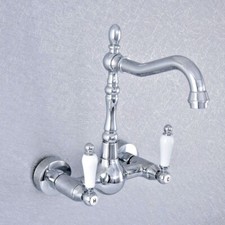 Polished Chrome Bathroom Basin Sink Faucet Dual Handles Mixer Tap Wall Mount