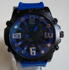 Men's Black Finish Blue Silicone Band Casual Fashion Hip Hop Wrist Watch