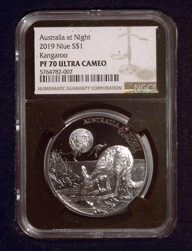 2019 Nuie $1 | NGC PR70 UCAM | Silver | Australia at Night, Kangaroo