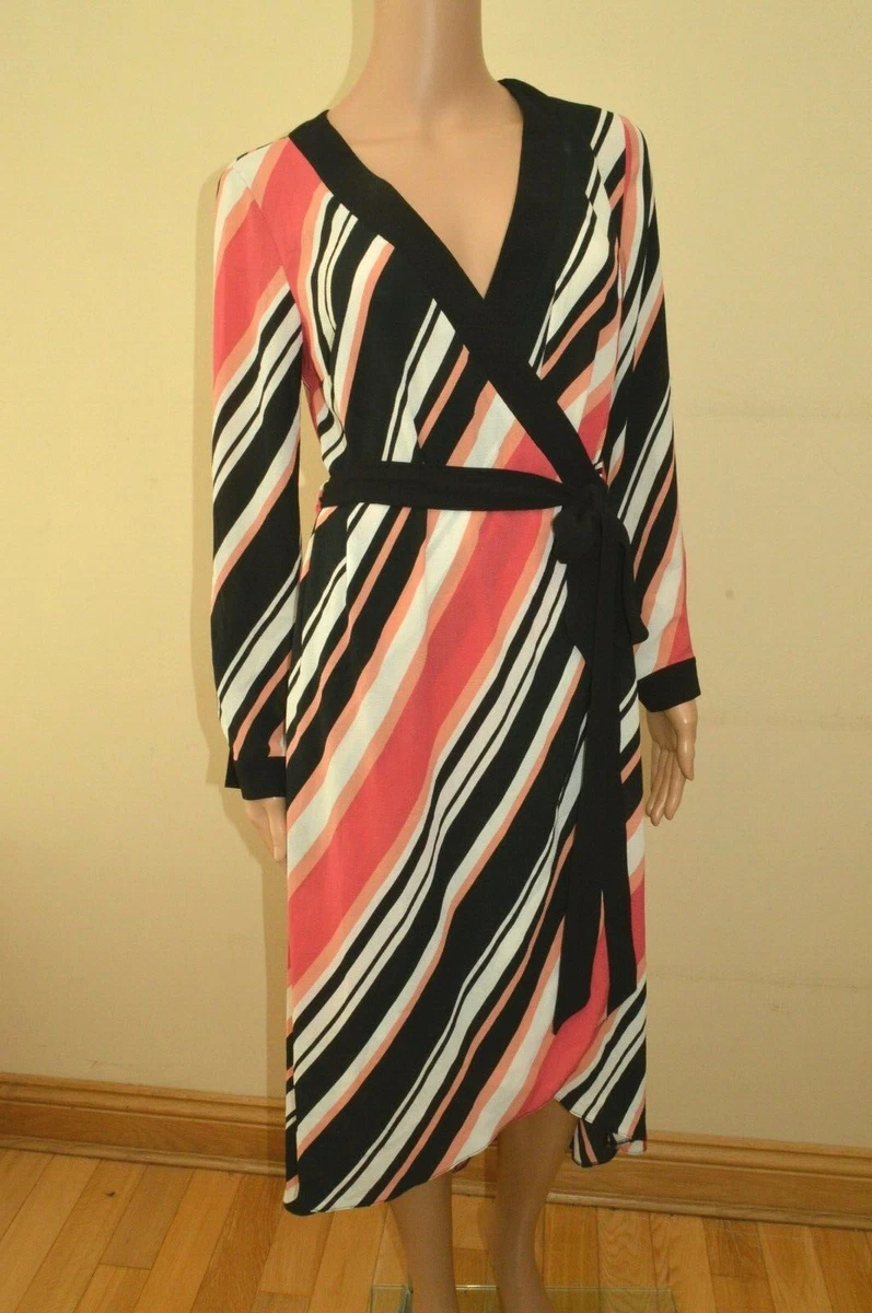 New Lipsy Black Coral Pink White Striped Wrap Dress Sz UK 8