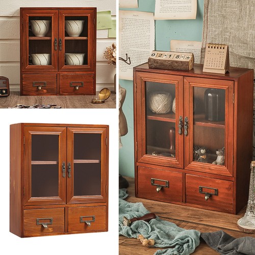 Vintage 2 Door Cupboard Wood Display Shelf Desktop with 2 Drawer Storage Cabinet - Picture 2 of 7