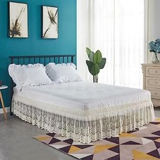 Lace Trimmed Elastic Bed Wrap Easy Fit Dust Ruffle Bedskirt White Beige Full