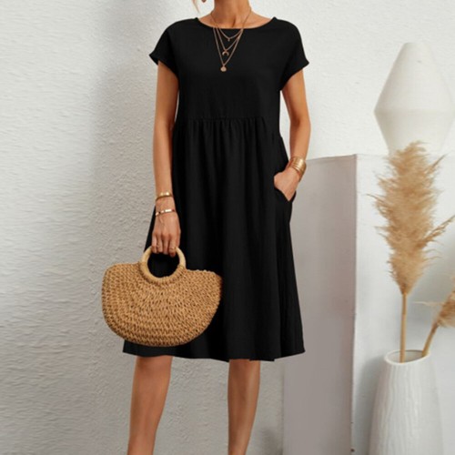 Women's Cotton Linen Short Sleeve A-Line Dress Summer Beach Holiday Sundress US - Picture 14 of 24