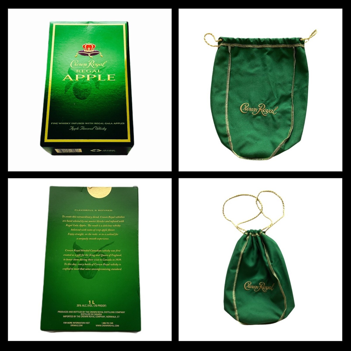 Crown Royal Green Bag Regal Apple Flavored Whisky Box 1L And 1L Bag