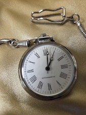 Silver Tone Open Face Mechanical Pocket Watch White Roman Dial w Chain Clip