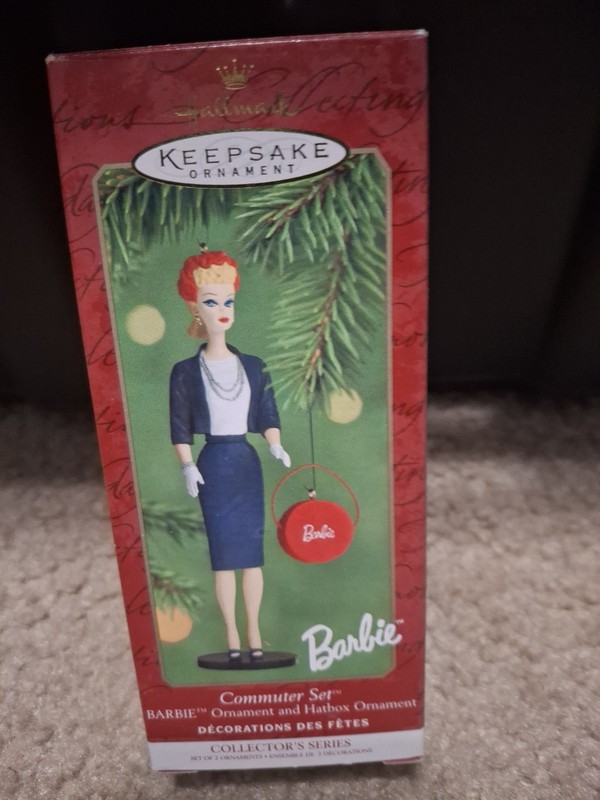2000 Hallmark Keepsake Christmas Ornament Barbie Commuter Set Doll and Hatbox #7