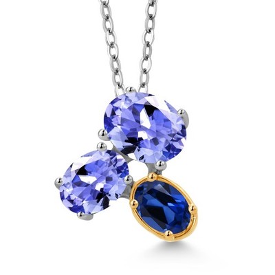 925 Silver and 10K Yellow Gold Tanzanite and Created Sapphire Pendant Necklace