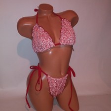 Victoria Secret PINK Swim Bikini Large Top Bottom Red White Leopard Ruffle New