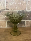 Vintage Fenton Hobnail Compote Ruffled Edge Avacado Green