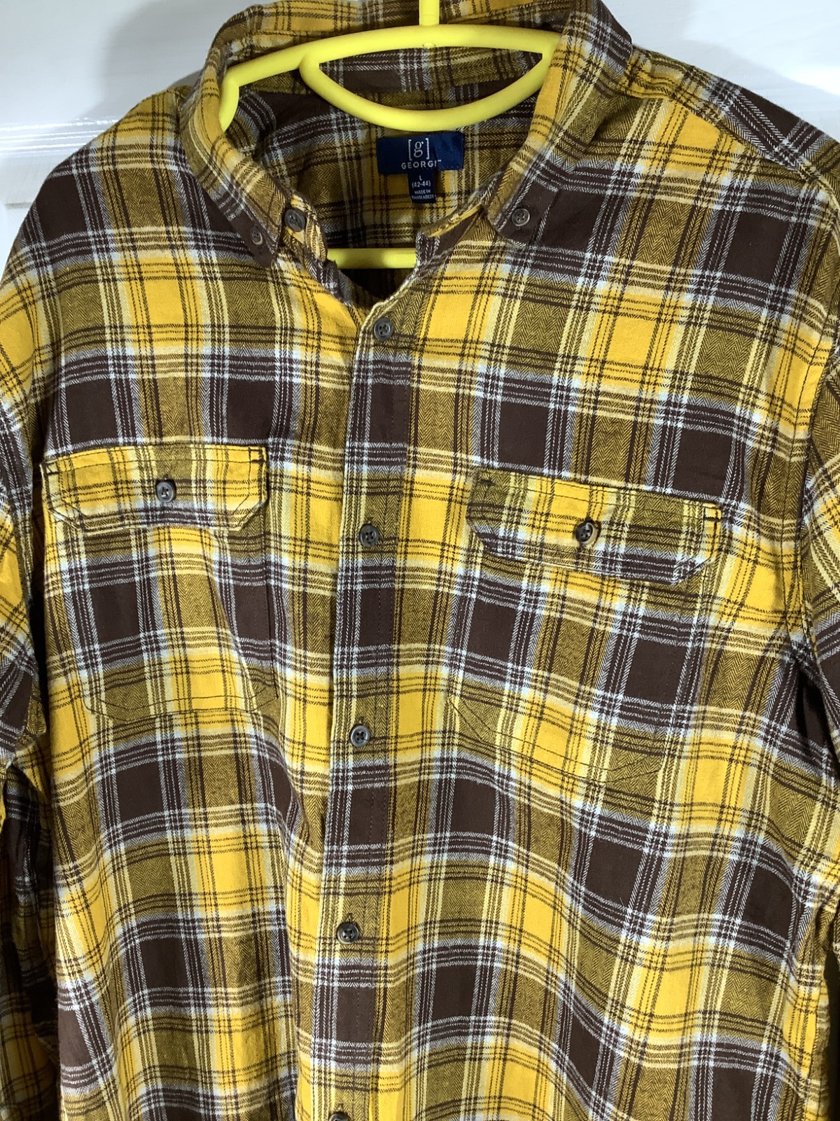Georgi Flannel Shirt Yellow Plaid Button Up Large Sku 336 image 3