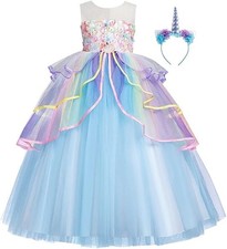 Unicorn Costume Princess Birthday Pageant Party Dress W/ Headband Blue Rainbow