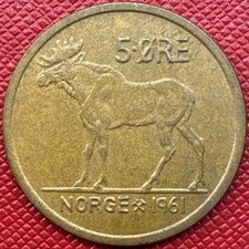 Norway 1961 Bronze 5 Ore. Olav V. Eurasian Elk. High Grade. KM# 405