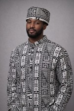 Kufi and Dashiki Black and White African Ancestry Print Cotton Fabric
