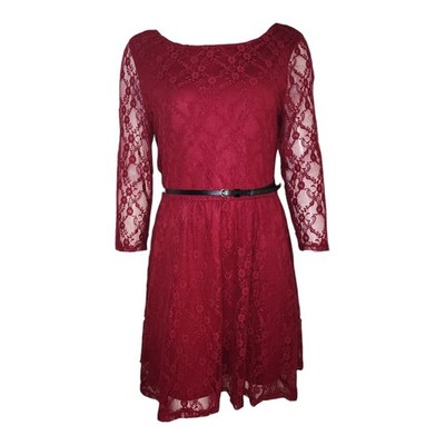Love Reign Dress Womens Size XL Solid Red Lace Overlay Belted Party Romantic