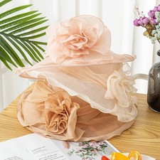 Women's Sun Hat Wide Brim Church Derby Wedding Tea Party Beige Navy Blue Hat