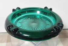 Vintage Mid Century 1950s Heavy Green Cut Glass Ashtray Emerald Green Starburst