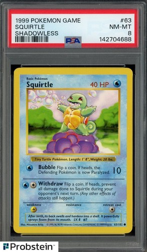 1999 Pokemon Game Shadowless #63 Squirtle PSA 8 NM-MT