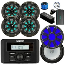 Kicker KMC3 Marine BT Radio, 4x 8" LED Charcoal Speaker, Amp, LED Sub, Extras