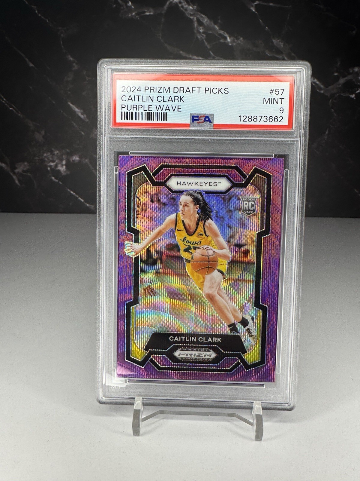 2024 Panini Prizm Draft Picks - Caitlin Clark #57 Purple Wave Prizm (RC) PSA 9
