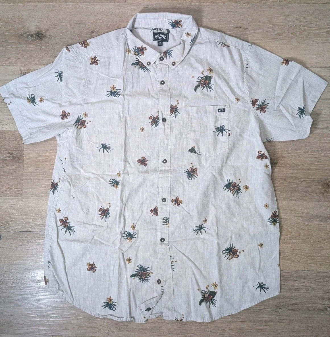 Billabong Mens XXL Tropical Floral Button Up Shirt Beige Hawaiian Short Sleeve