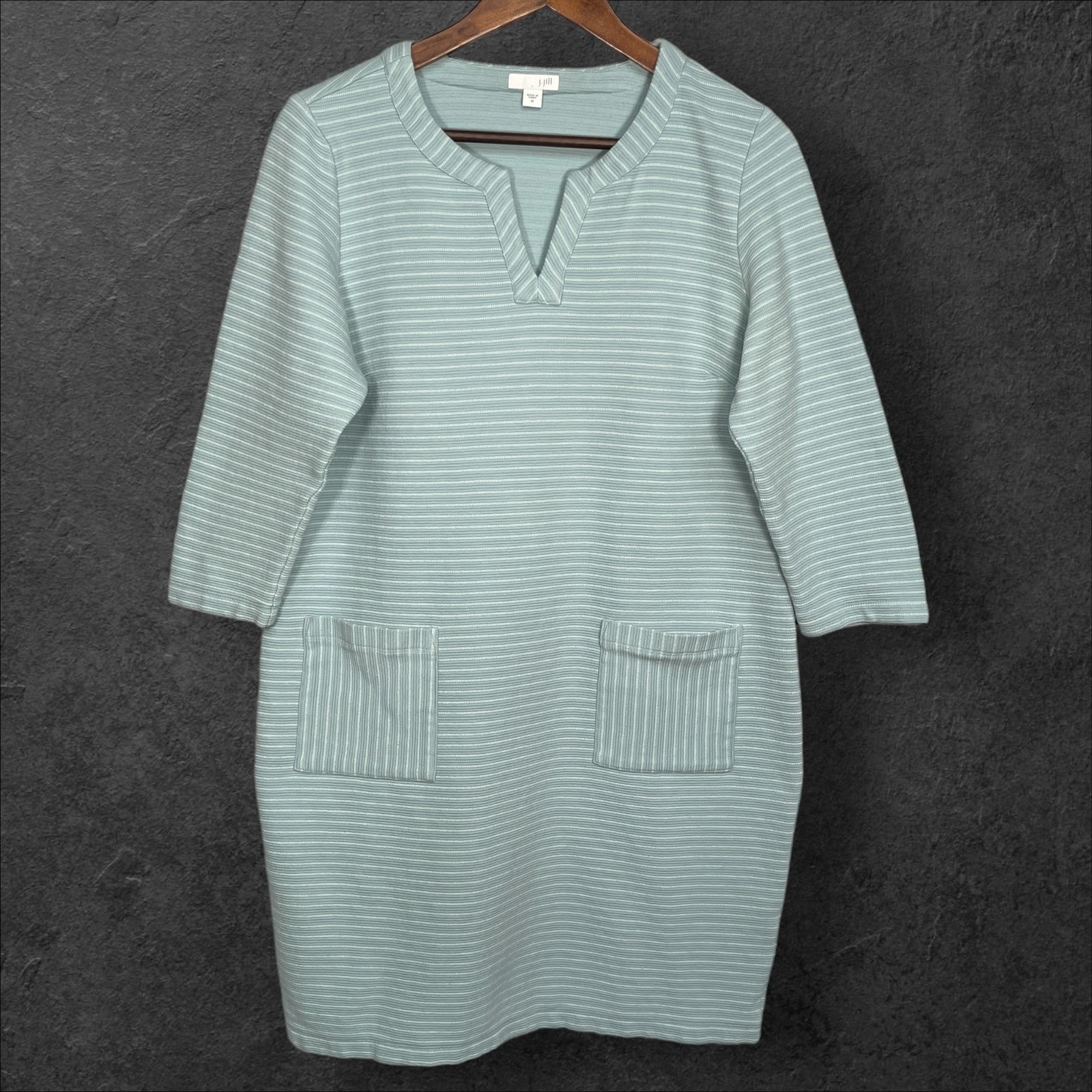 J Jill Striped V Neck 3/4 Sleeve Casual Shift Dress Women Medium