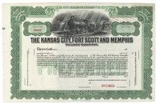 The Kansas City, Fort Scott and Memphis Railway Company. Stock Certificate.